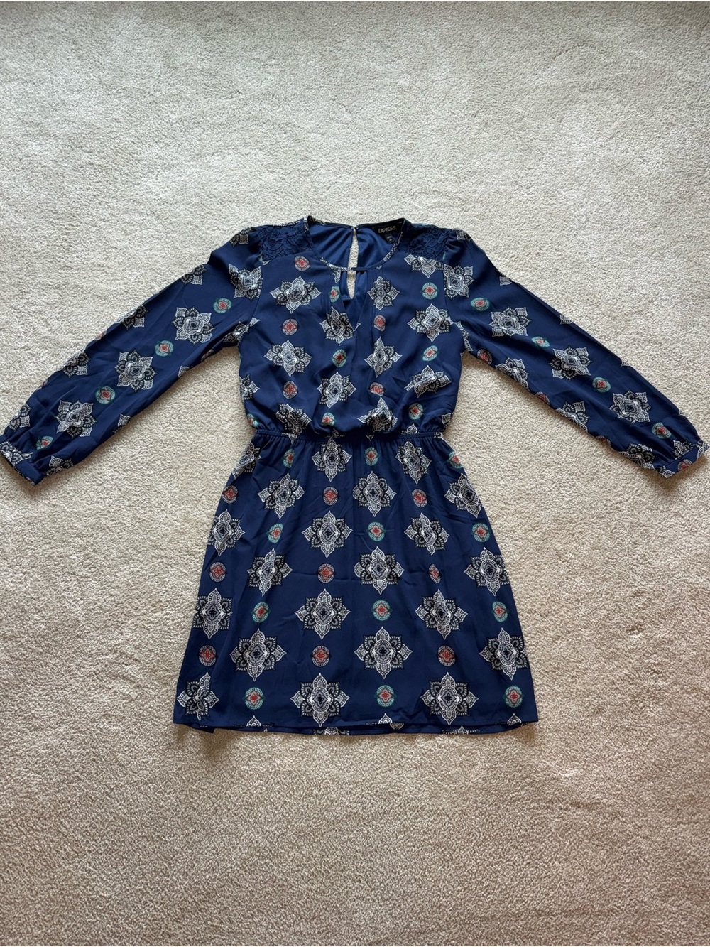 Express Navy Blue Printed Long-Sleeve Dress